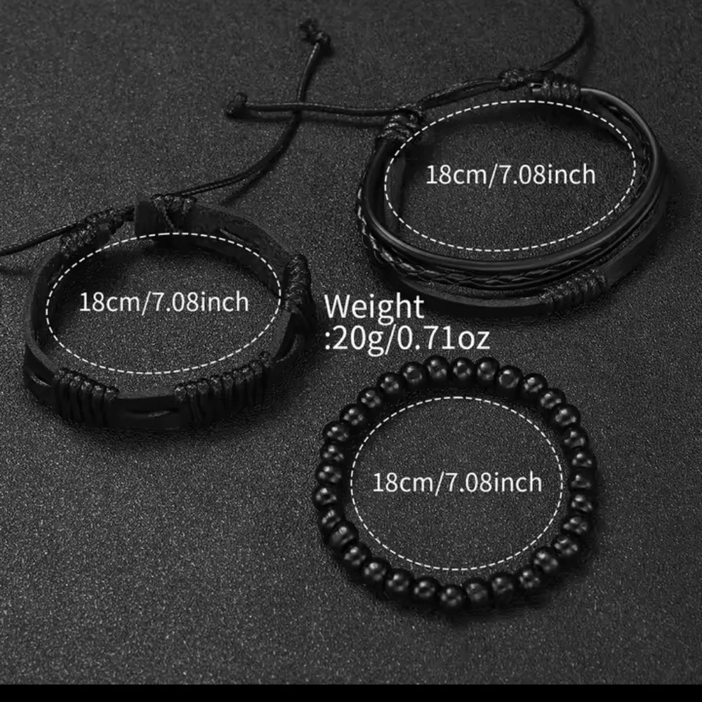 4pc Men's‎ Watch Bracelets Set Leather Beaded Black New f88